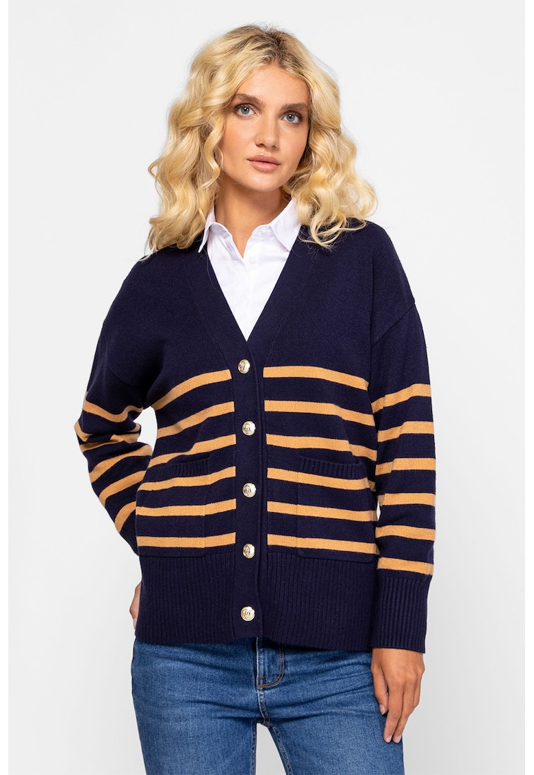 Cardigan lejer cu model in dungi si maneci cazute - Bleumarin