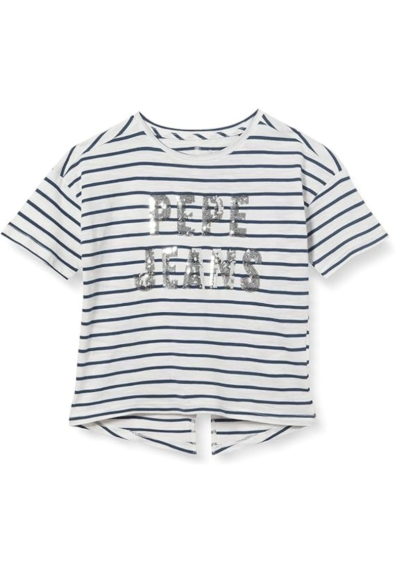 Tricou cu imprimeu in dungi si decorat cu paiete -