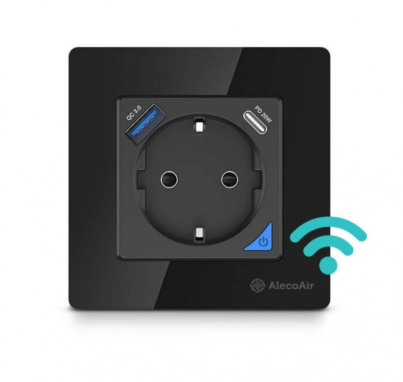 Priza de perete cu WiFi AlecoAir G40 Black  Control vocal asistenti digitali  Telecomanda  USB-A  USB-C  Programare aplicatie