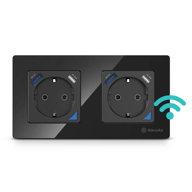 Priza dubla de perete cu WiFi AlecoAir G60 Black  Control vocal asistenti digitali  Telecomanda  USB-A  USB-C  Programare