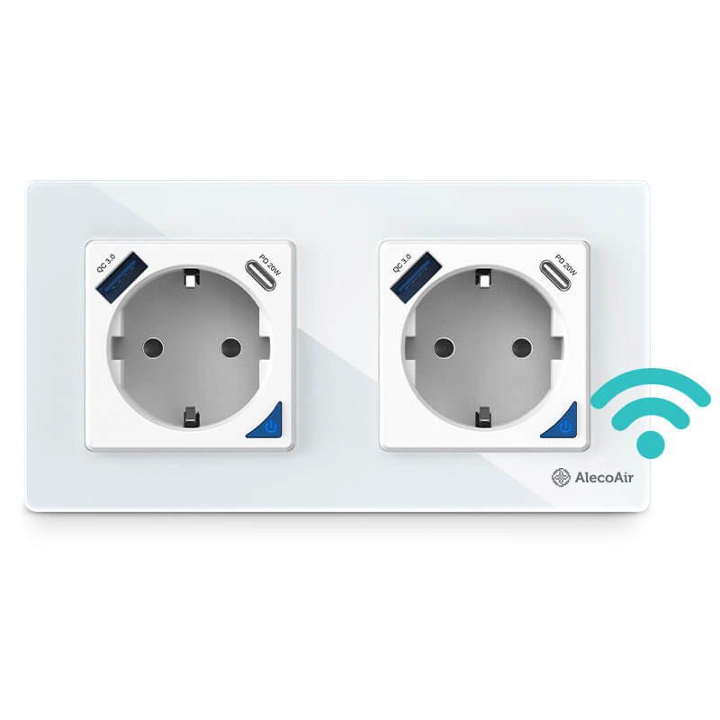 Priza dubla de perete cu WiFi AlecoAir G60 White  Control vocal asistenti digitali  Telecomanda  USB-A  USB-C  Programare
