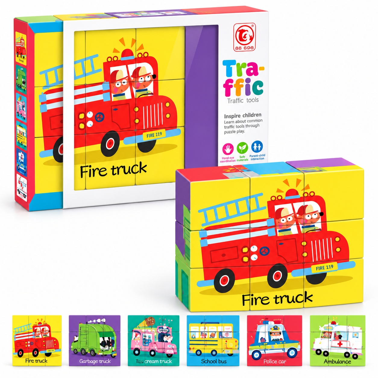 Puzzle educativ 6 in 1 cu vehicule, 9 cuburi, 3+ ani