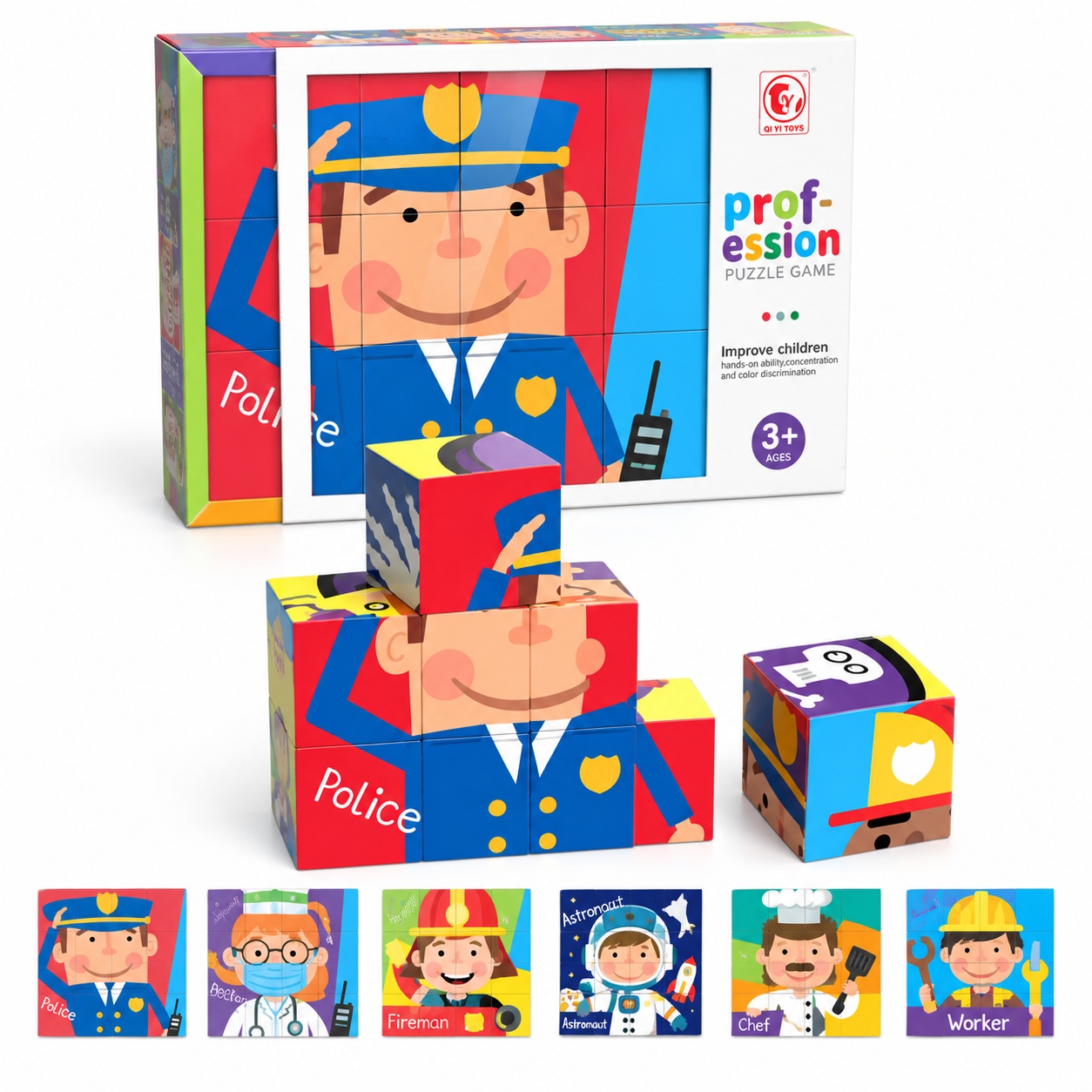 Puzzle educativ 6 in 1 cu profesii, 9 cuburi, 3+ ani