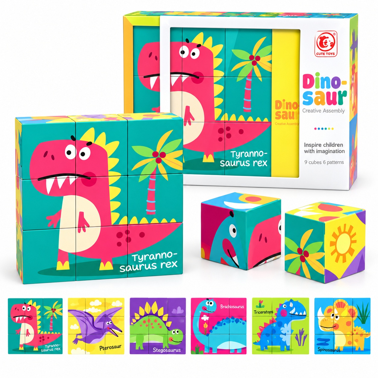 Puzzle educativ 6 in 1 cu dinozauri, 9 cuburi, 3+ ani