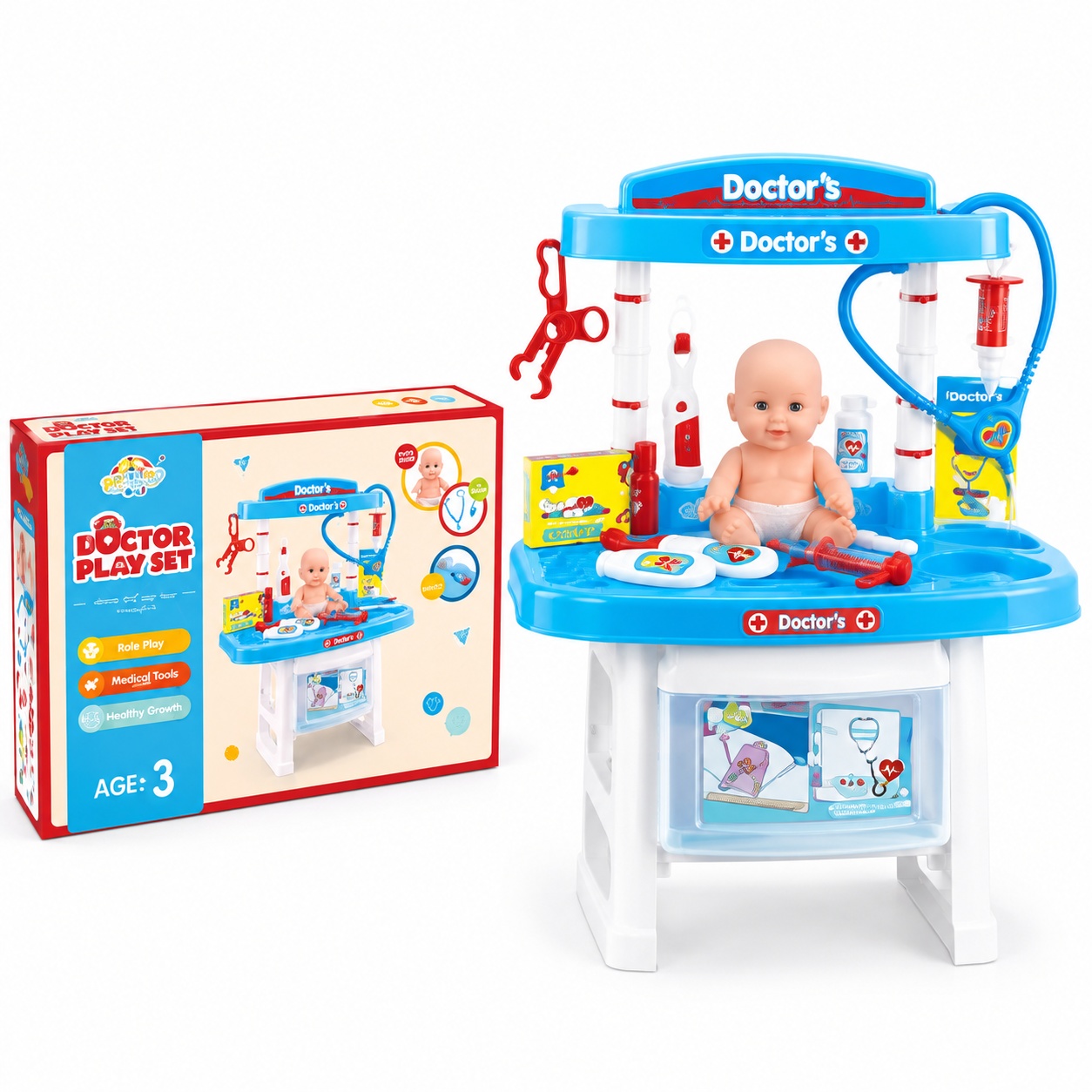 Set de joaca Doctor cu stand, bebelus si 12 accesorii medicale, 3+ ani
