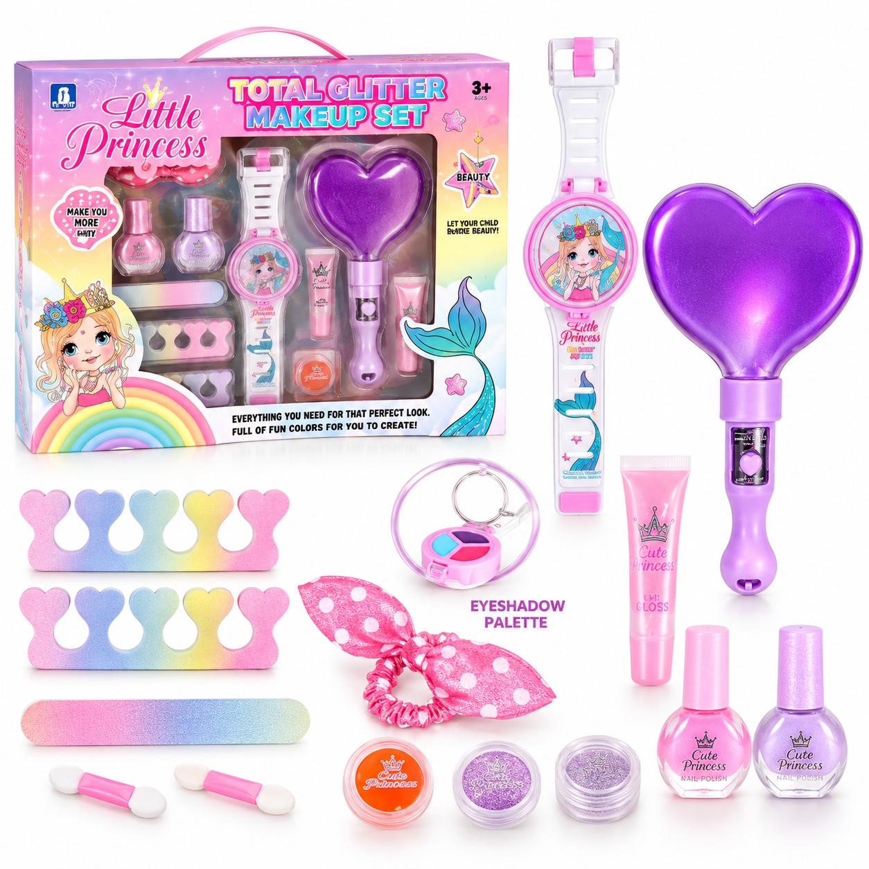 Set de machiaj de jucarie Little Princess pentru fete, cu oglinda luminoasa, ceas, palete si accesorii, 3+ ani