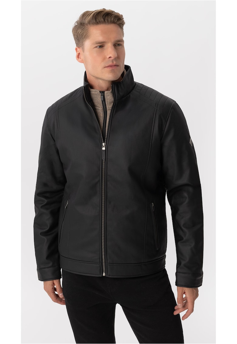 Geaca de piele ecologica - barbati - cu buzunare cu fermoar -  J-Nino - Neagra - Negru