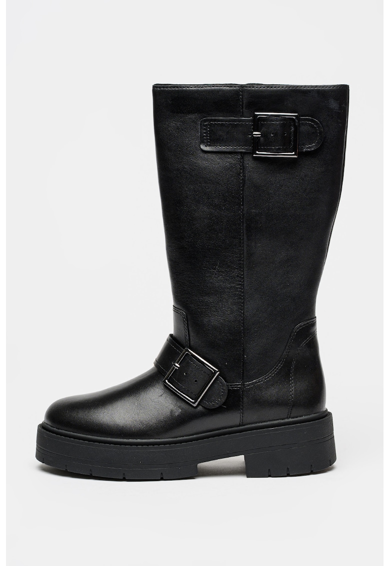 Ghete medii din piele cu catarame decorative - Negru