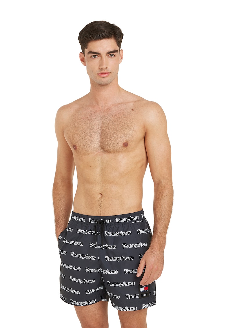 Pantaloni scurti de baie cu logo si talie ajustabila - Alb/Negru