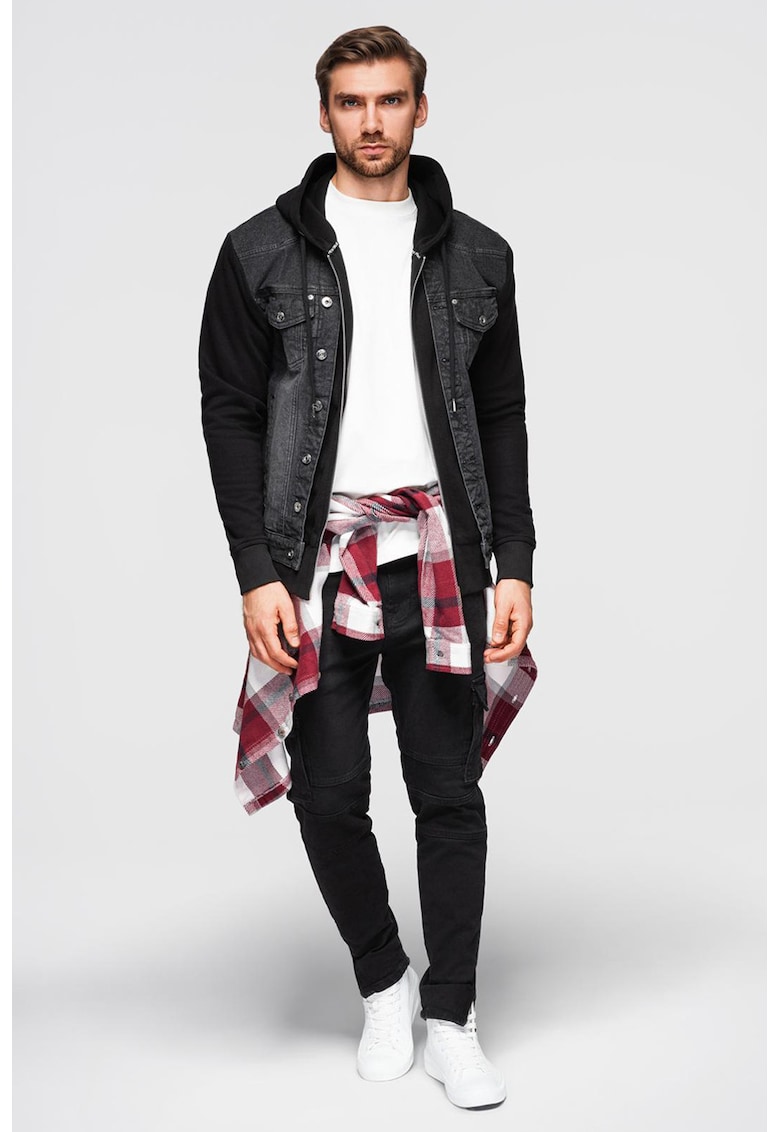 Jacheta din denim cu gluga - Negru/Gri inchis