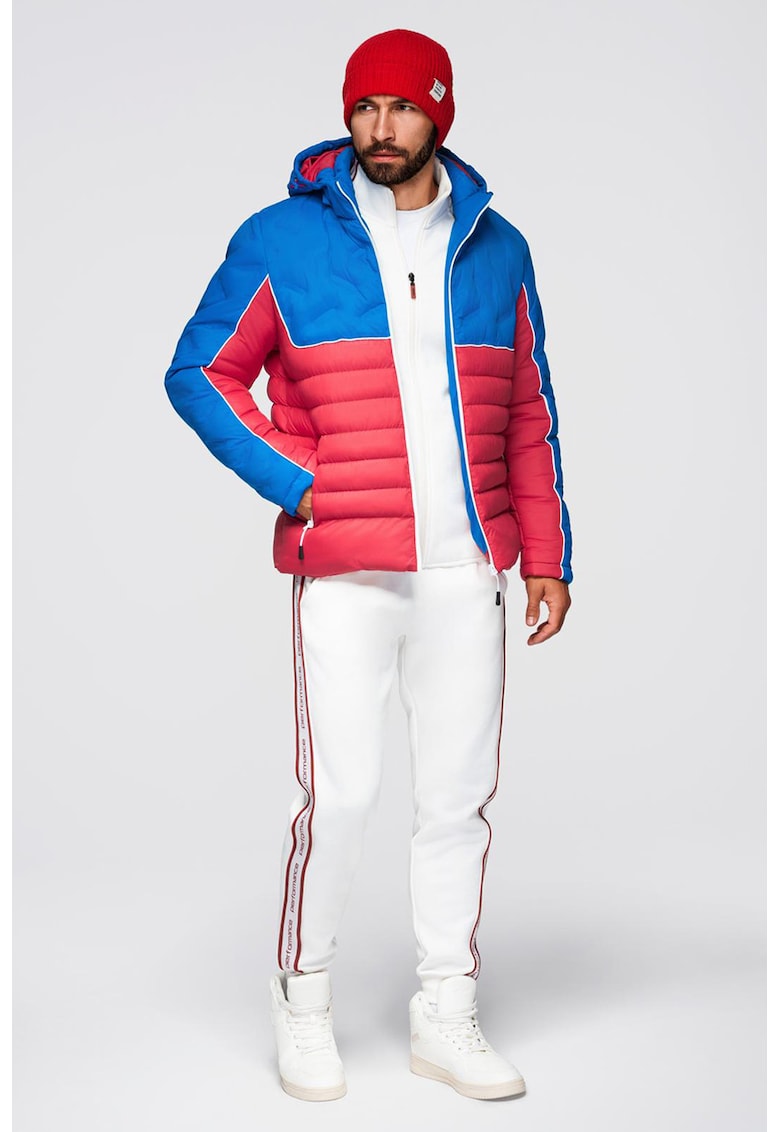 Geaca cu gluga si model colorblock - Rosu/Albastru royal