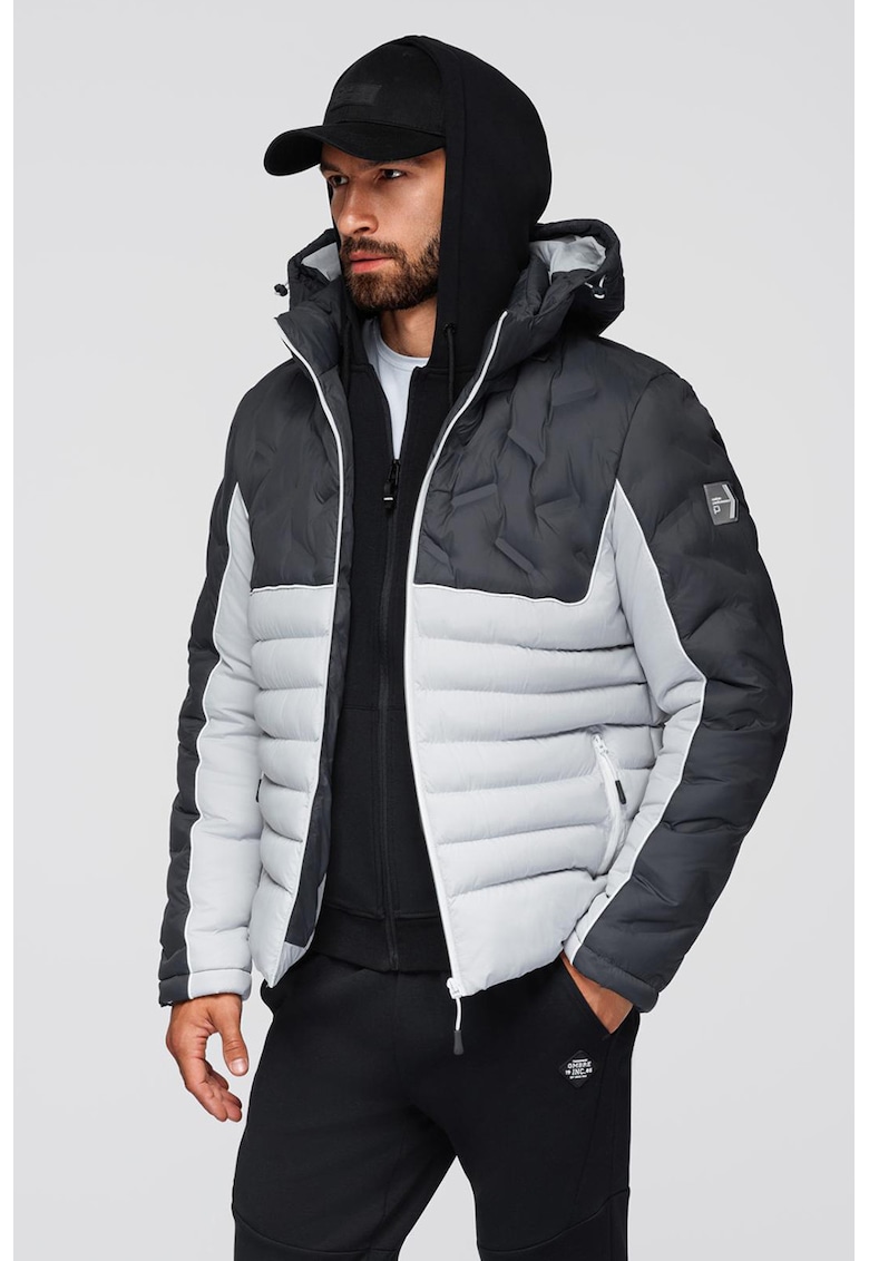 Geaca cu gluga si model colorblock - Gri deschis/Gri inchis