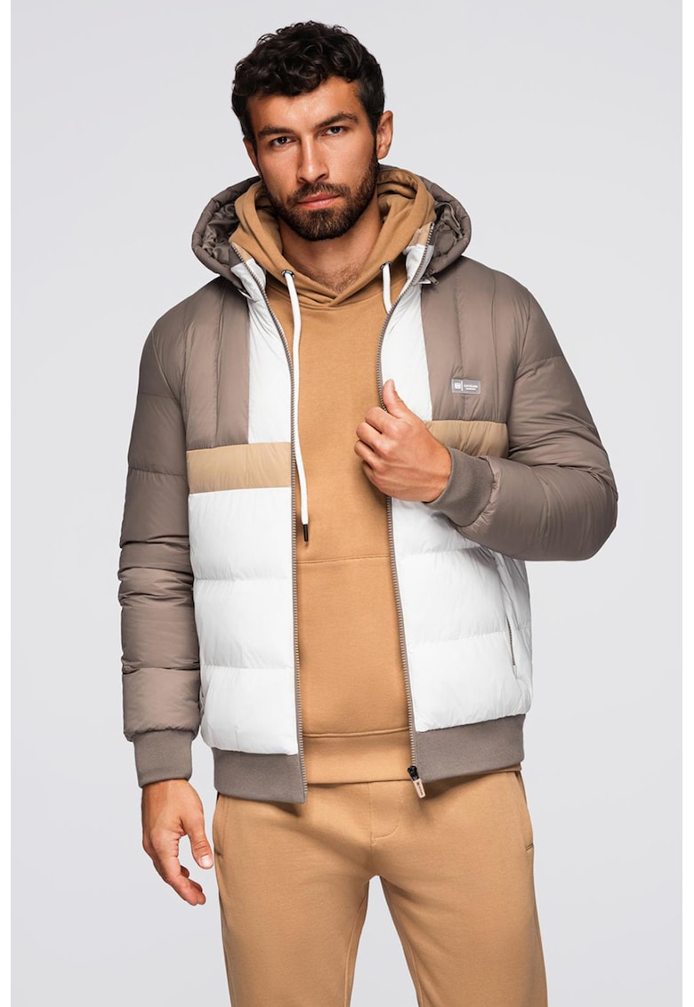 Geaca cu gluga si model colorblock - Alb/Maro taupe/Bej