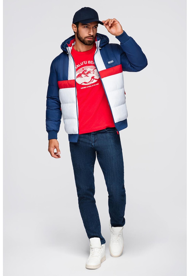 Geaca cu gluga si model colorblock - Rosu/Alb/Albastru royal