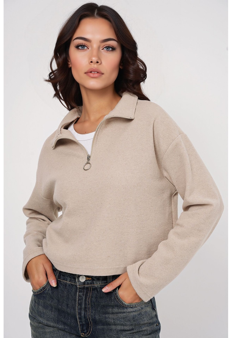 Pulover dama - HiCCUP - Relaxed Fit Crop - guler cu fermoar - crem - bumbac si poliester