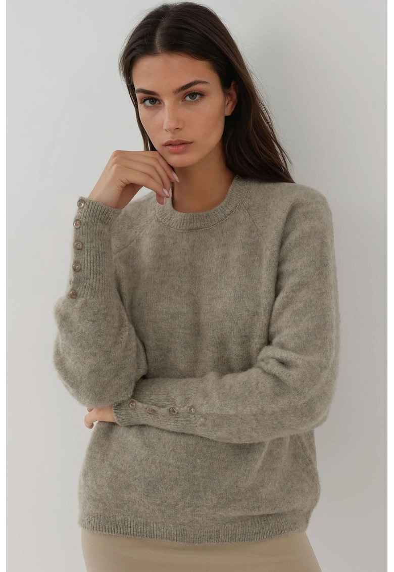 Pulover dama -  cu maneca lunga - detalii nasturi - tricot - Gri deschis -