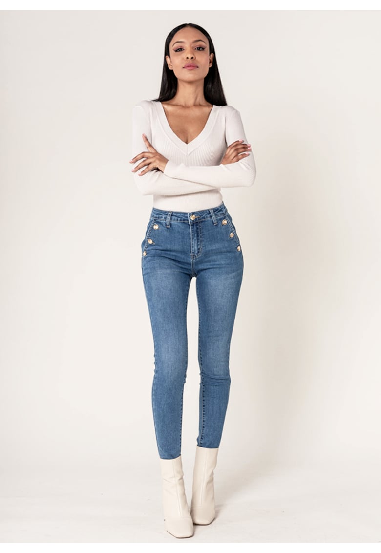 Blugi dama albastri slim cu nasturi  P217-5 M9 18440 - Albastru