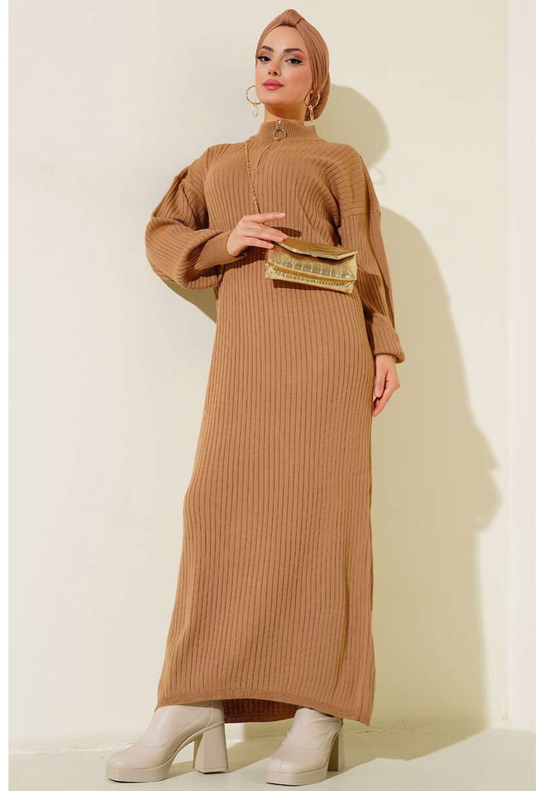 Rochie  maxi din tricot cu guler inalt - bej - tricot -