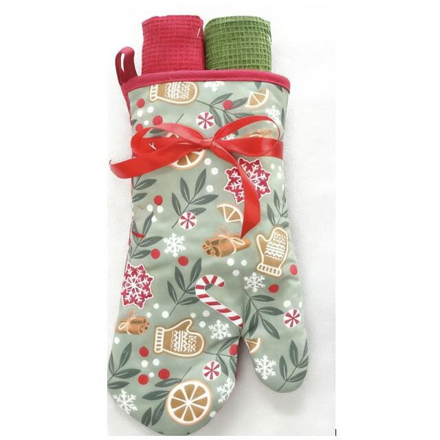 Set Manusa de Bucatarie Craciun 3 Piese Verde/Rosu