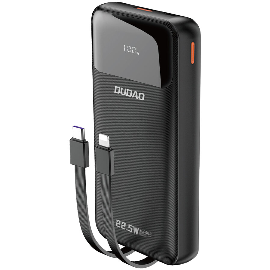 Baterie Externa K15Pro 20000mAh USB-C / USB-A Cabluri Integrate Lightning si USB-C Display LED 22.5W Negru