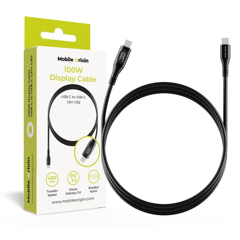 Cablu de date Display, USB-C la USB-C, 100W, 480Mbps, 1.5m, Negru