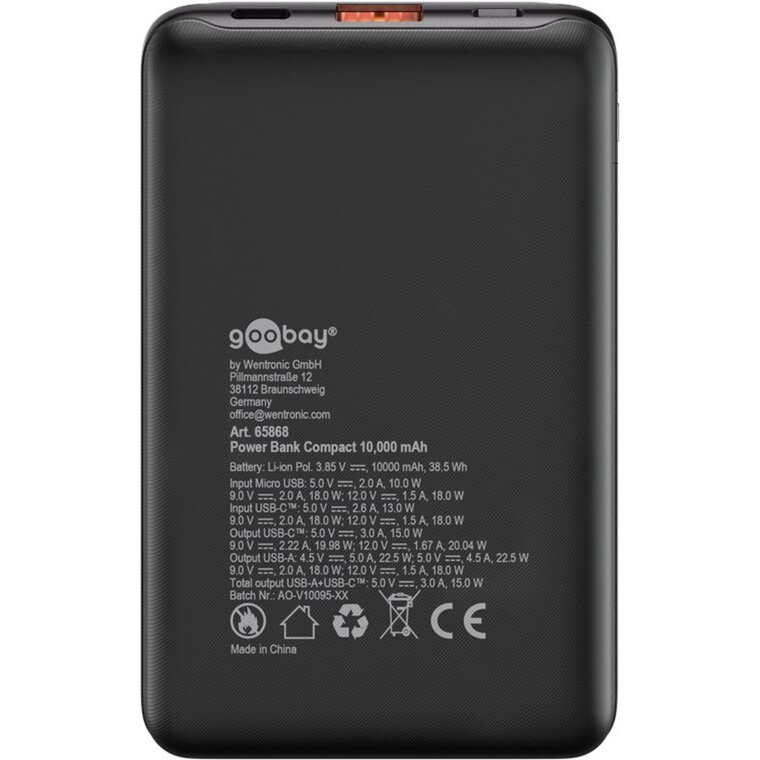 Tableta Power Bank Compact 10,000 mAh (black, 10 Ah, 1x USB-A, 1x USB-C, Power Delivery, Quick Charge)
