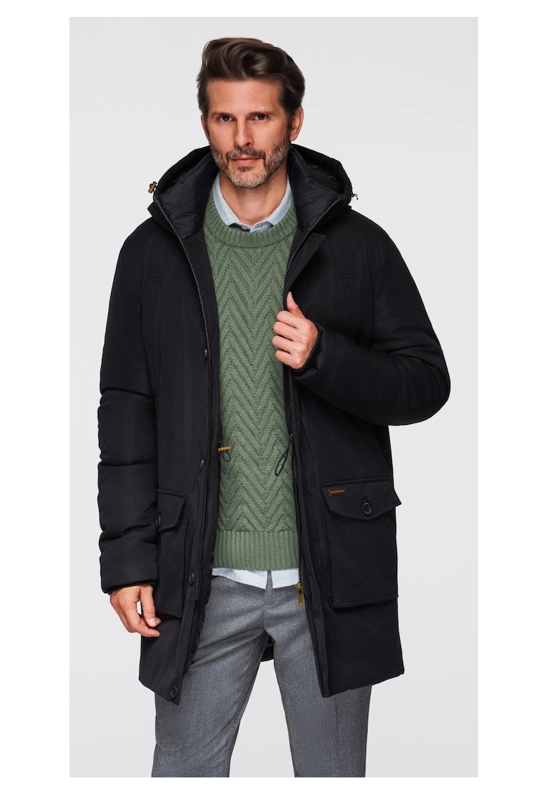Parka eleganta cu buzunare cargo si gluga  OM-JAPJ-0287 - Negru
