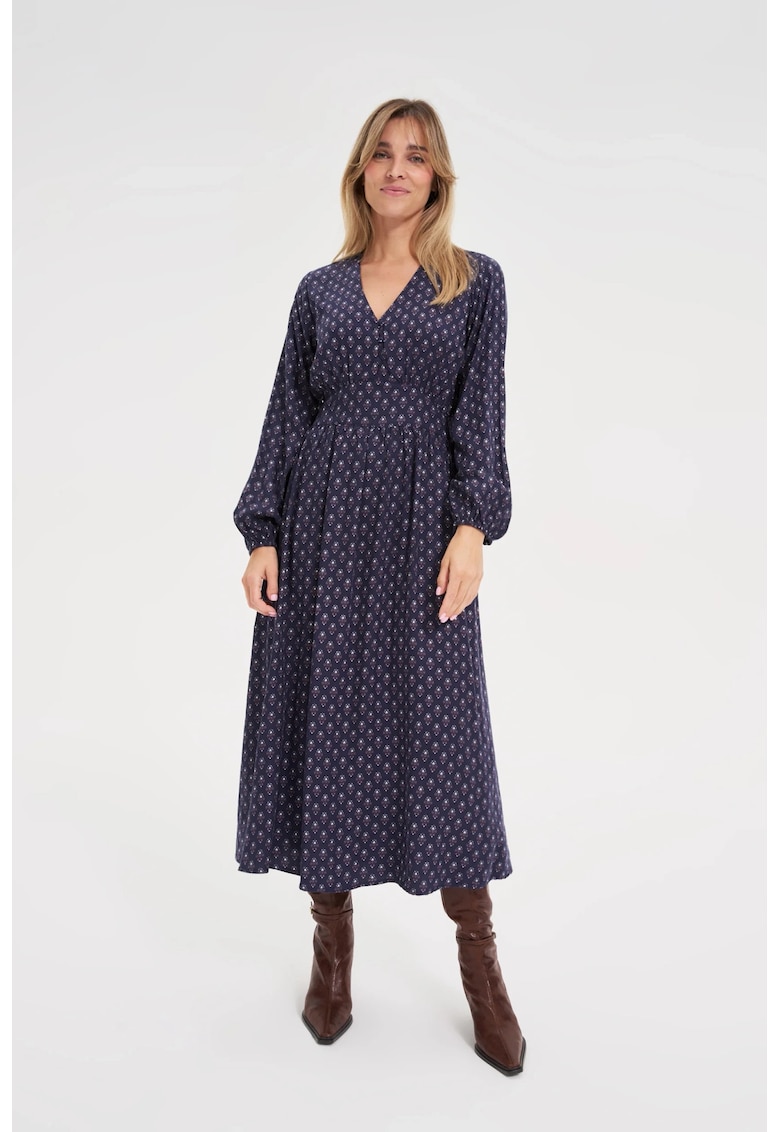 Rochie midi cu maneci bufante bleu marin - Bleumarin