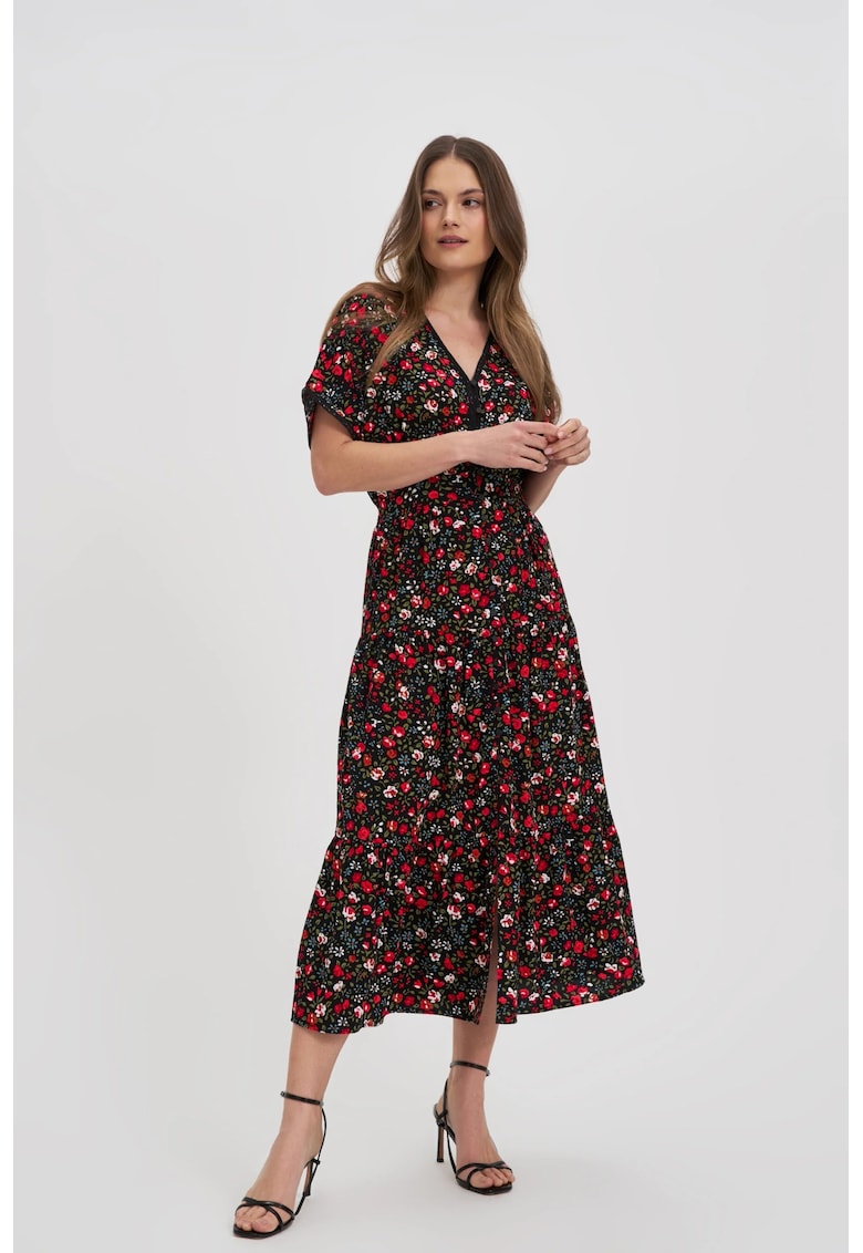 Rochie midi neagra cu flori - Negru