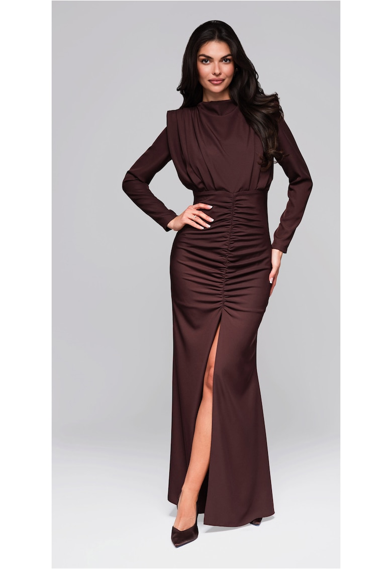Rochie eleganta lunga cu maneci lungi si drapaj frontal  LA-OM-DLR024 - Maro inchis