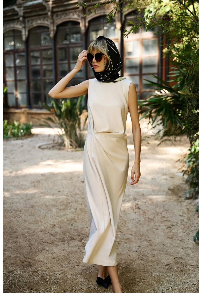 Rochie Midi Bej cu Facaturi - Bej