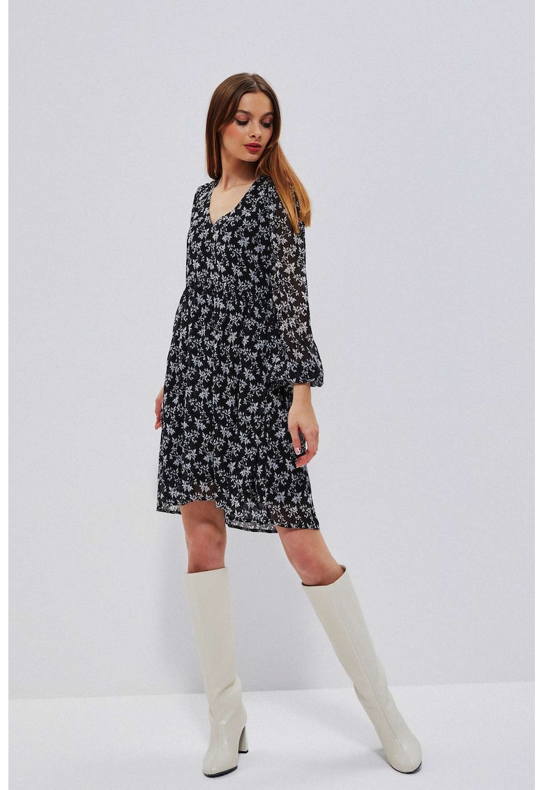 Rochie evazata cu model floral - Negru