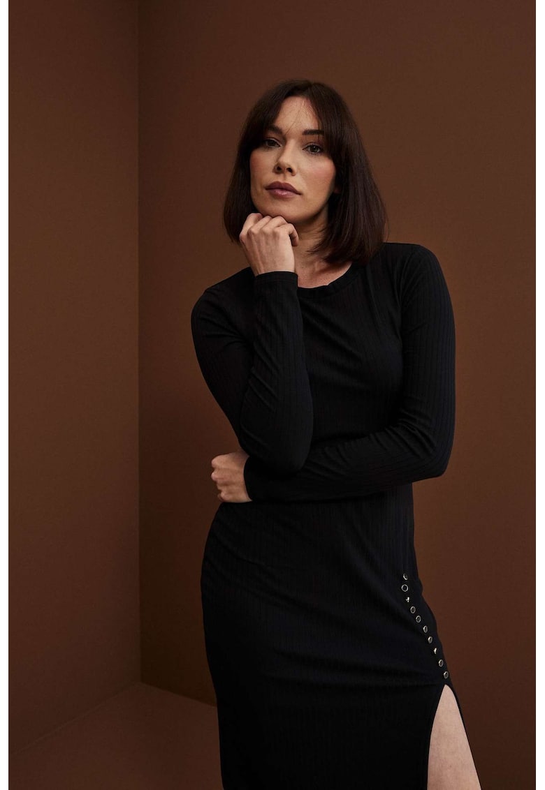 Rochie cu Dungi si Butoane Decorative - Negru