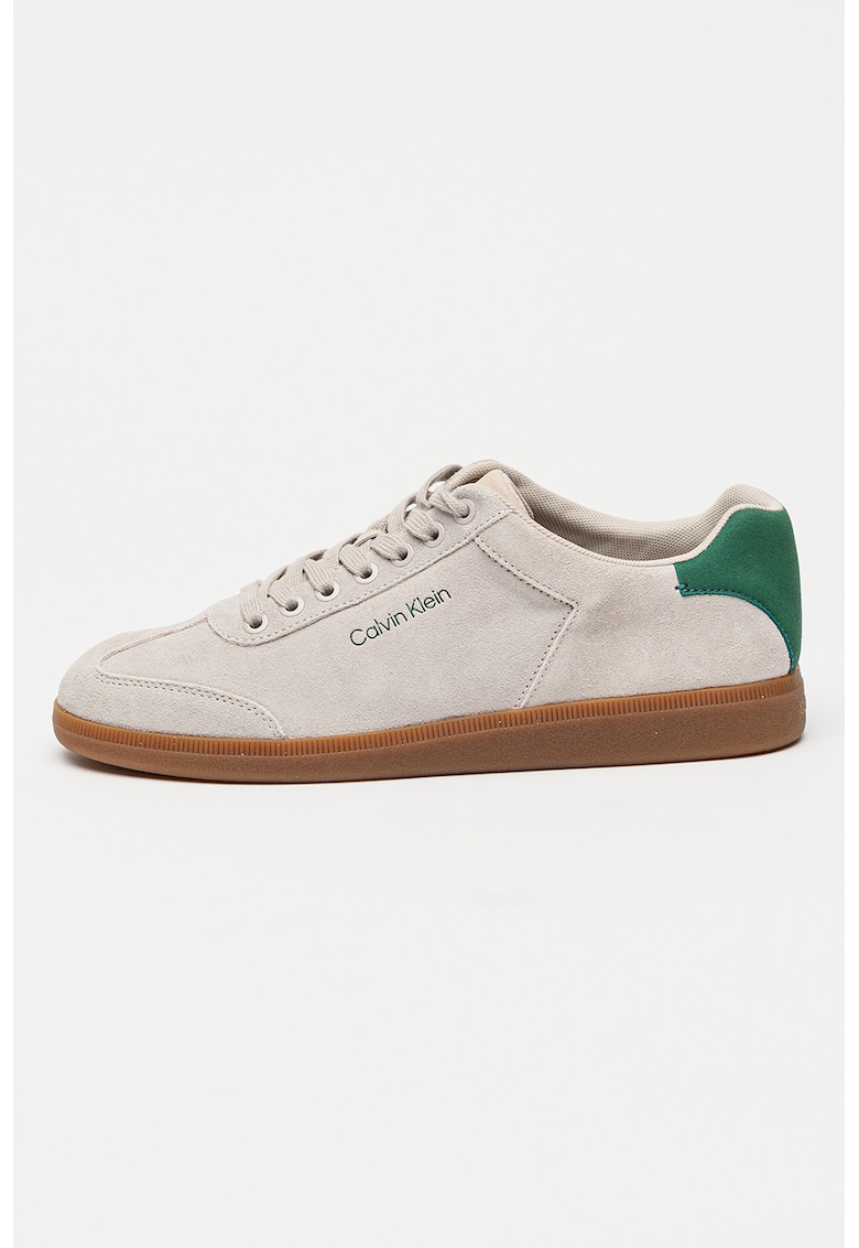 Pantofi sport de piele intoarsa cu logo lateral si talpa joasa - Verde/Gri deschis