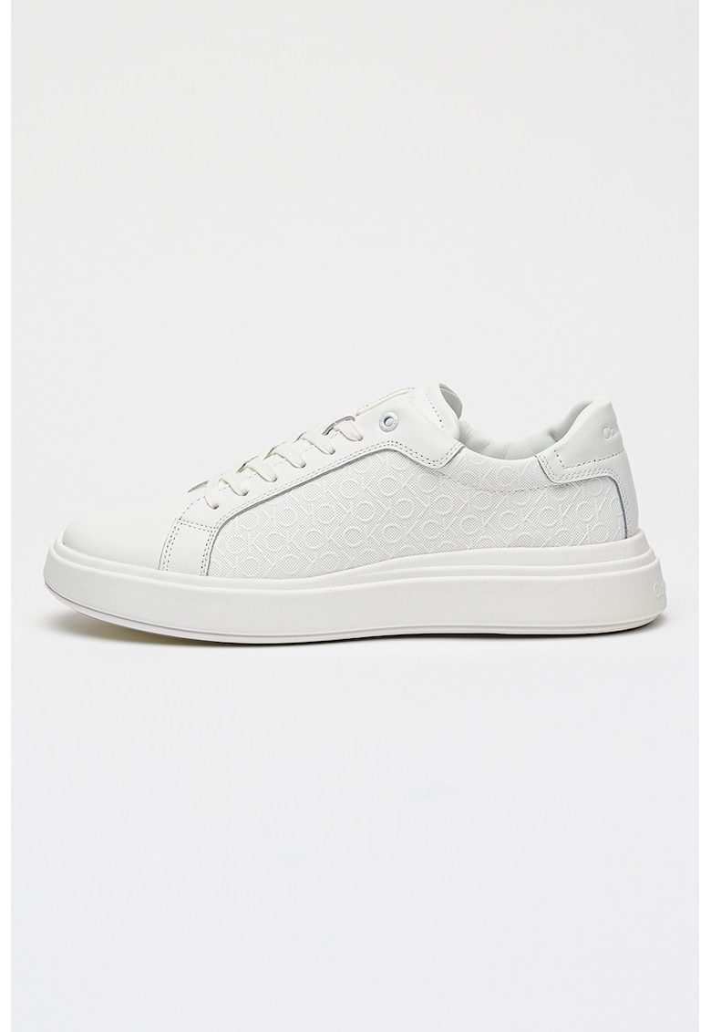 Pantofi sport low-cut de piele cu aspect masiv si monograma - Alb