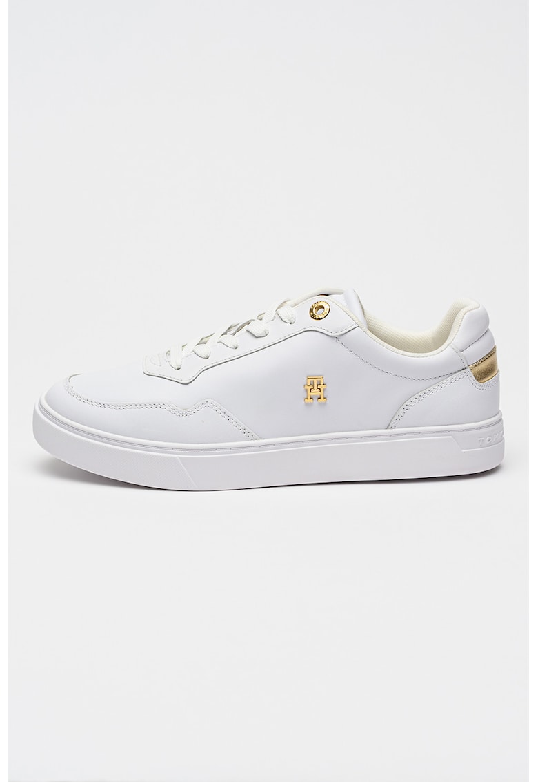 Pantofi sport low-cut de piele cu logo metalic - Alb/Auriu