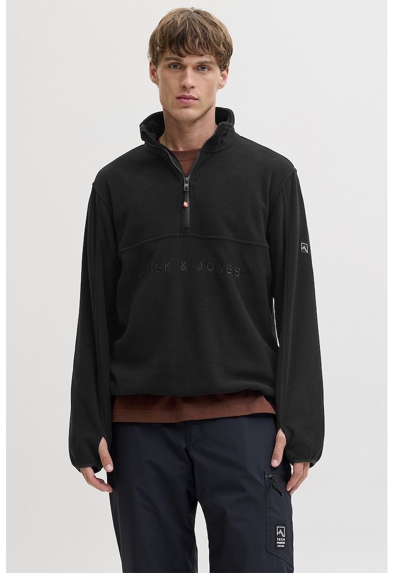 Bluza de trening cu fermoar si imprimeu logo - Negru