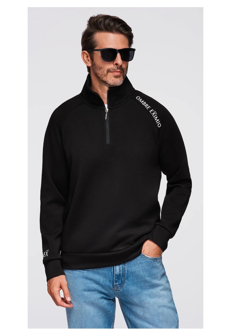 Bluza cu guler inalt cu fermoar si imprimeu contrastant OM-SSZP-0211 - Negru
