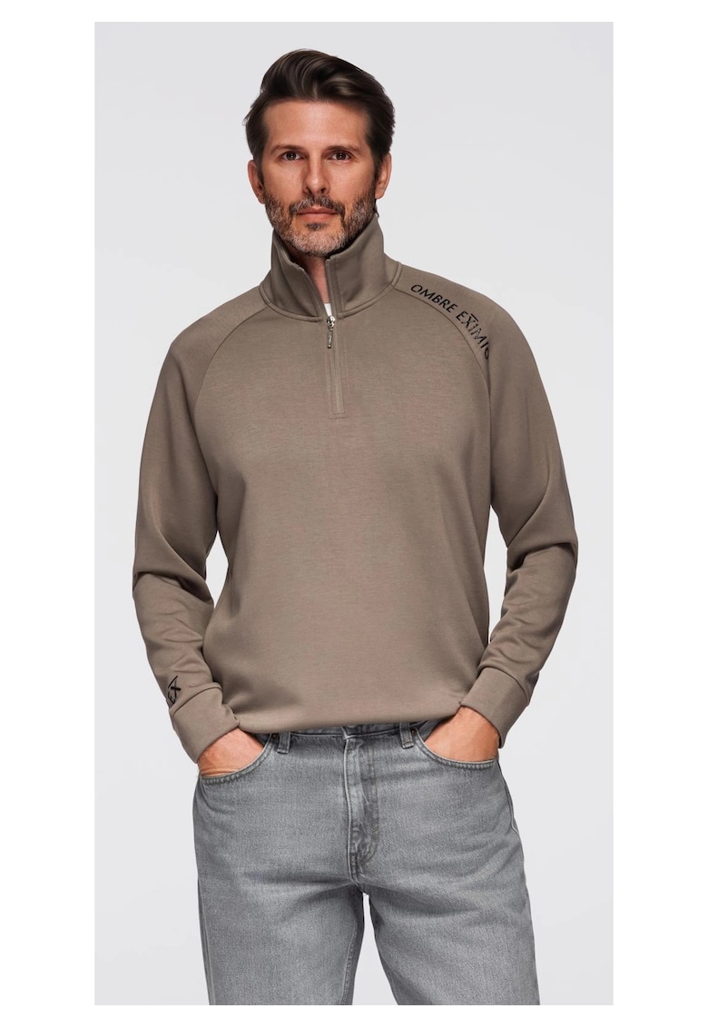 Bluza cu guler inalt cu fermoar si imprimeu contrastant  OM-SSZP-0211 - Maro