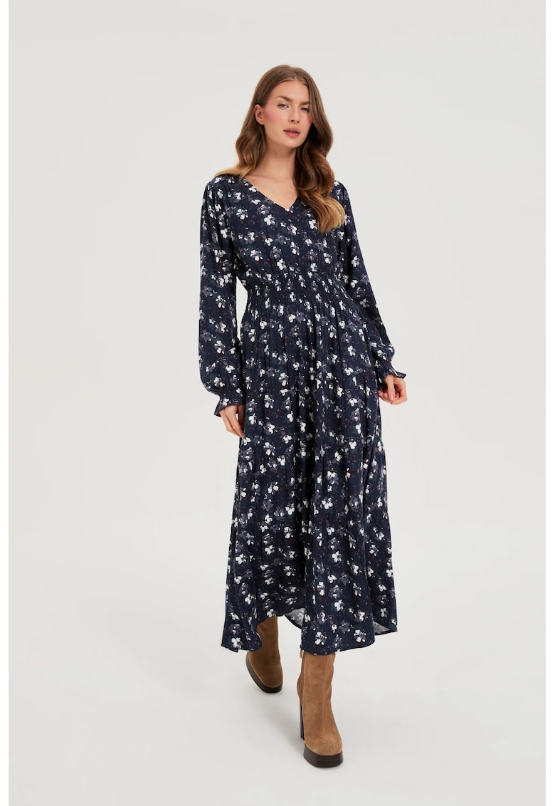 Rochie din vascoza cu flori navy - Bleumarin
