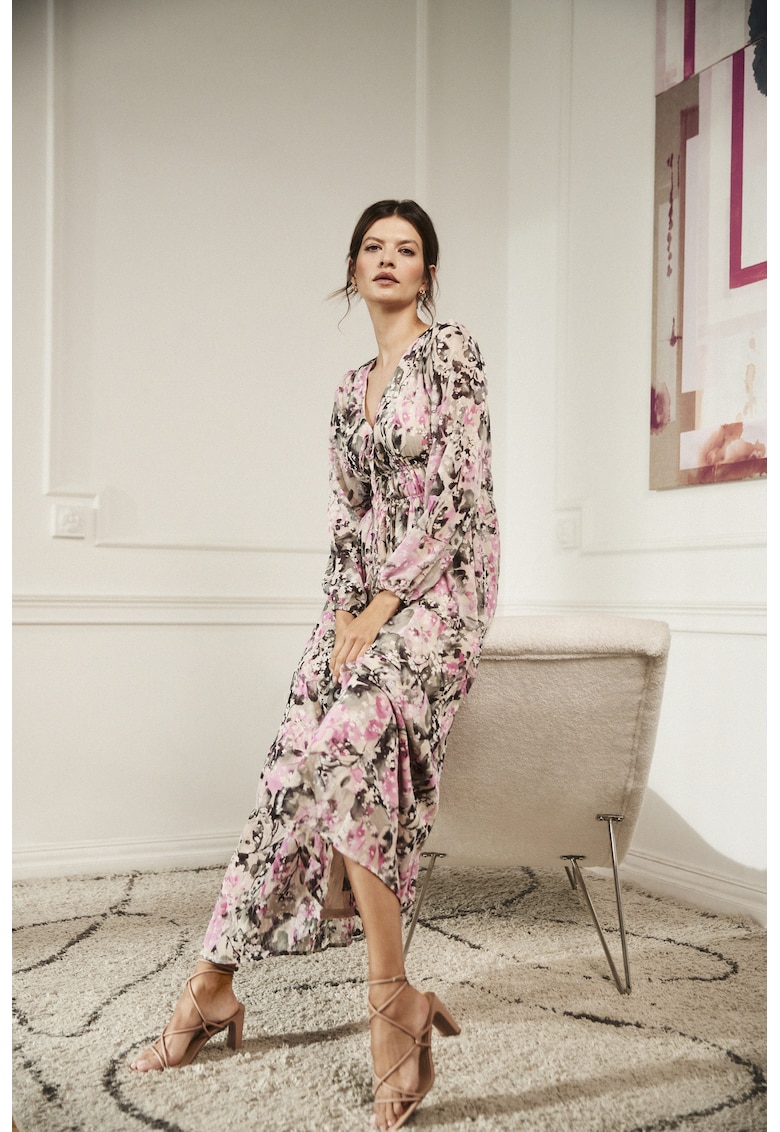 Rochie maxi gri cu model floral - Bej
