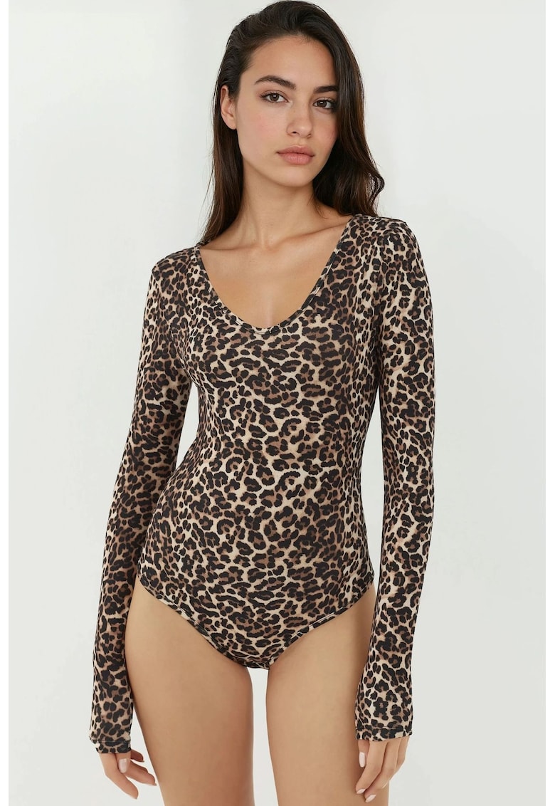 Body mulat -  jerseu - decolteu in V - imprimeu leopard - maro/negru