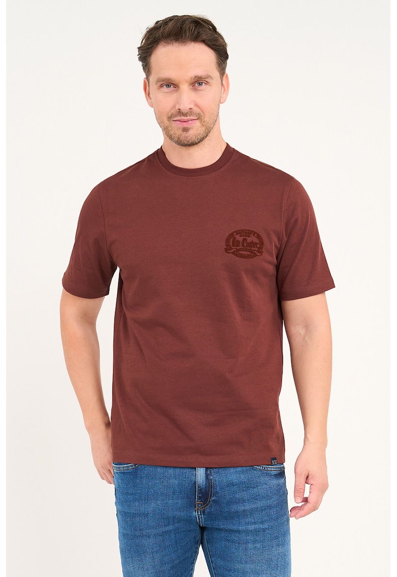 Tricou cu decolteu la baza gatului si logo - Maro cognac