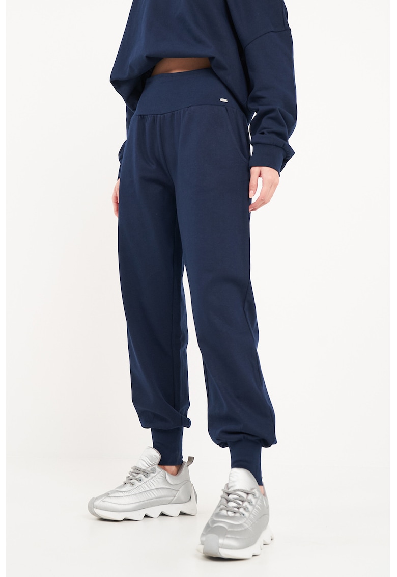 Pantaloni uni de trening cu talie inalta - Bleumarin