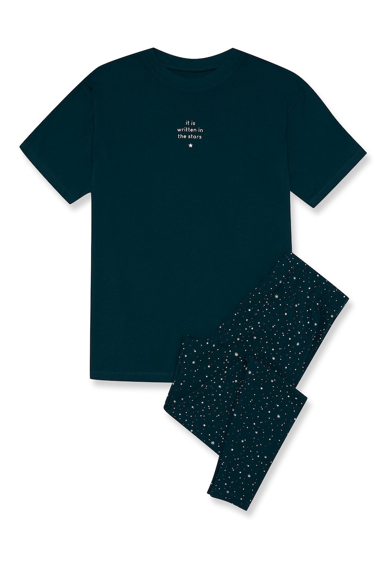 Pijama dama  Febe - verde bumbac - imprimeu modern - maneca scurta - pantaloni lungi - Uni/Diverse