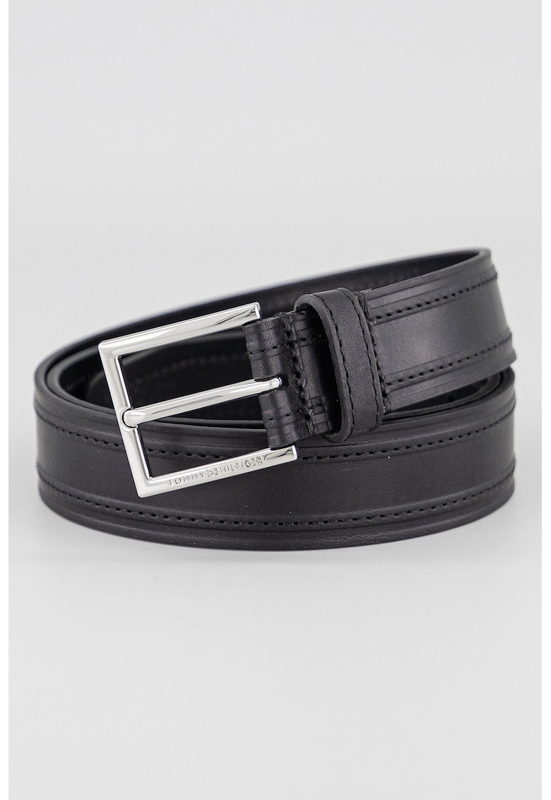Curea din piele cu model uni - Negru/Negru stins