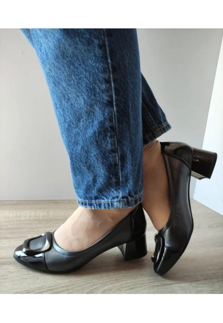 Pantofi Eleganti Dama  60008C 51-N Gri Metalic + Negru Lac - Gri - Gri