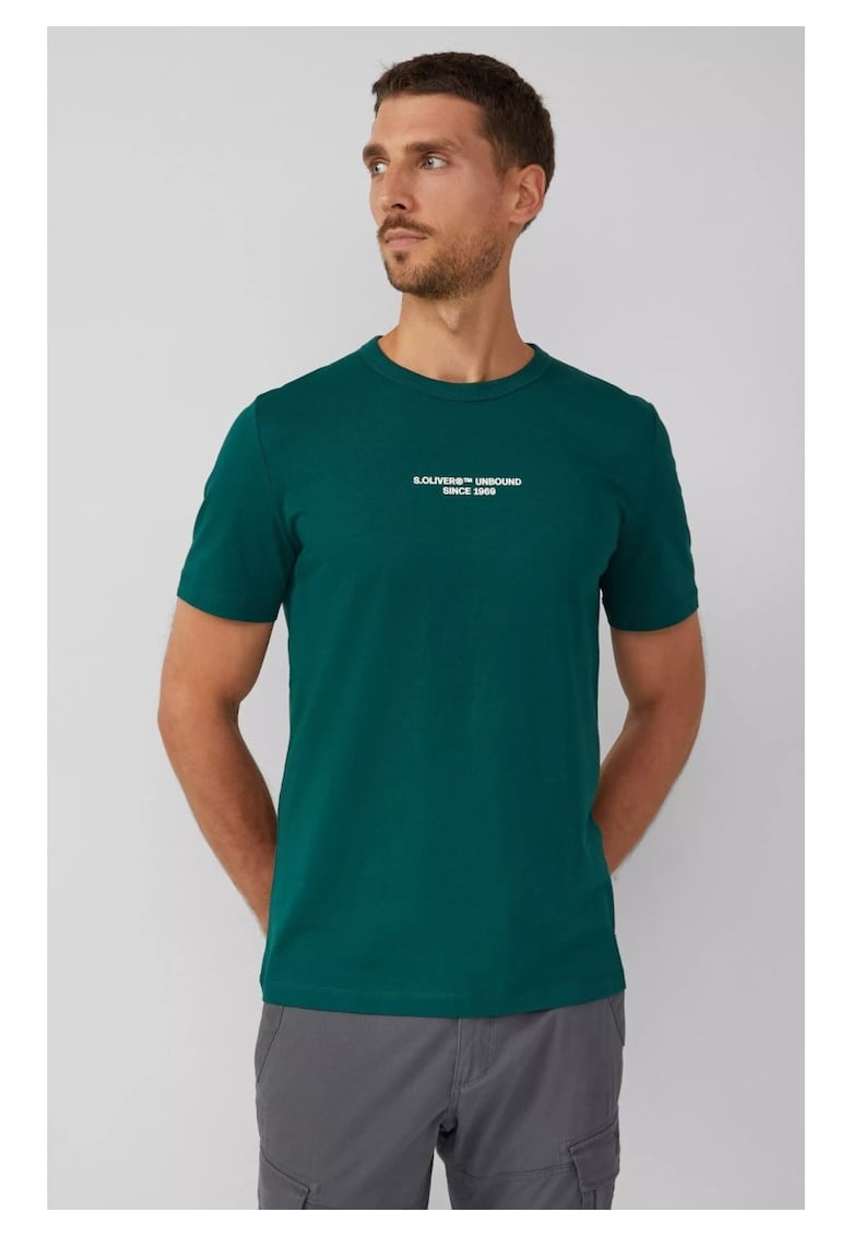 Tricou barbati - Regular fit cu decolteu la baza gatului si imprimeu cu text - Verde inchis