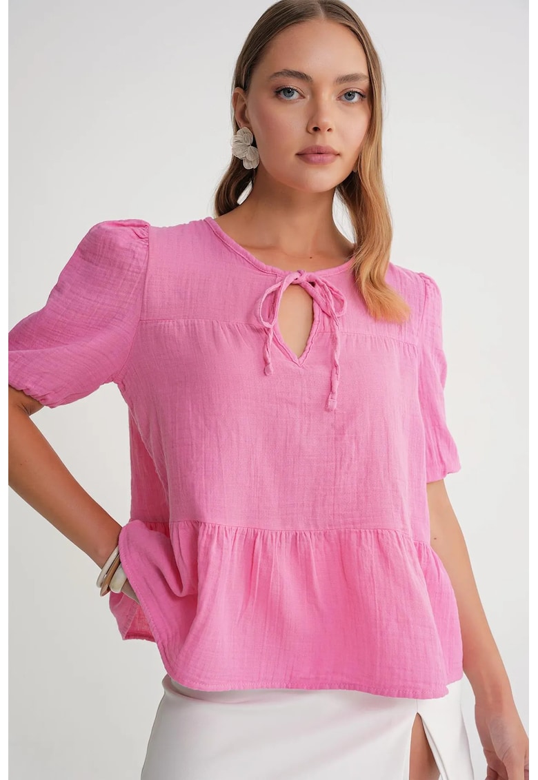 Bluza dama HiCCUP - muselina texturata - decolteu rotund - roz pudrat - bumbac