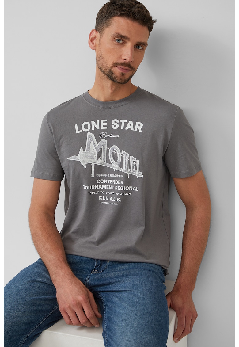 Tricou barbati cu decolteu la baza gatului - imprimeu text - Regular fit - Alb/Gri